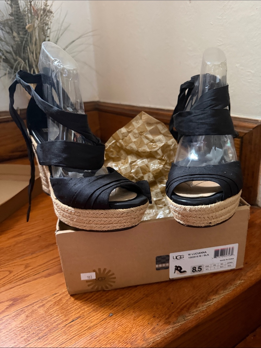 UGG Black Satin Espadrille Wedge Sandals